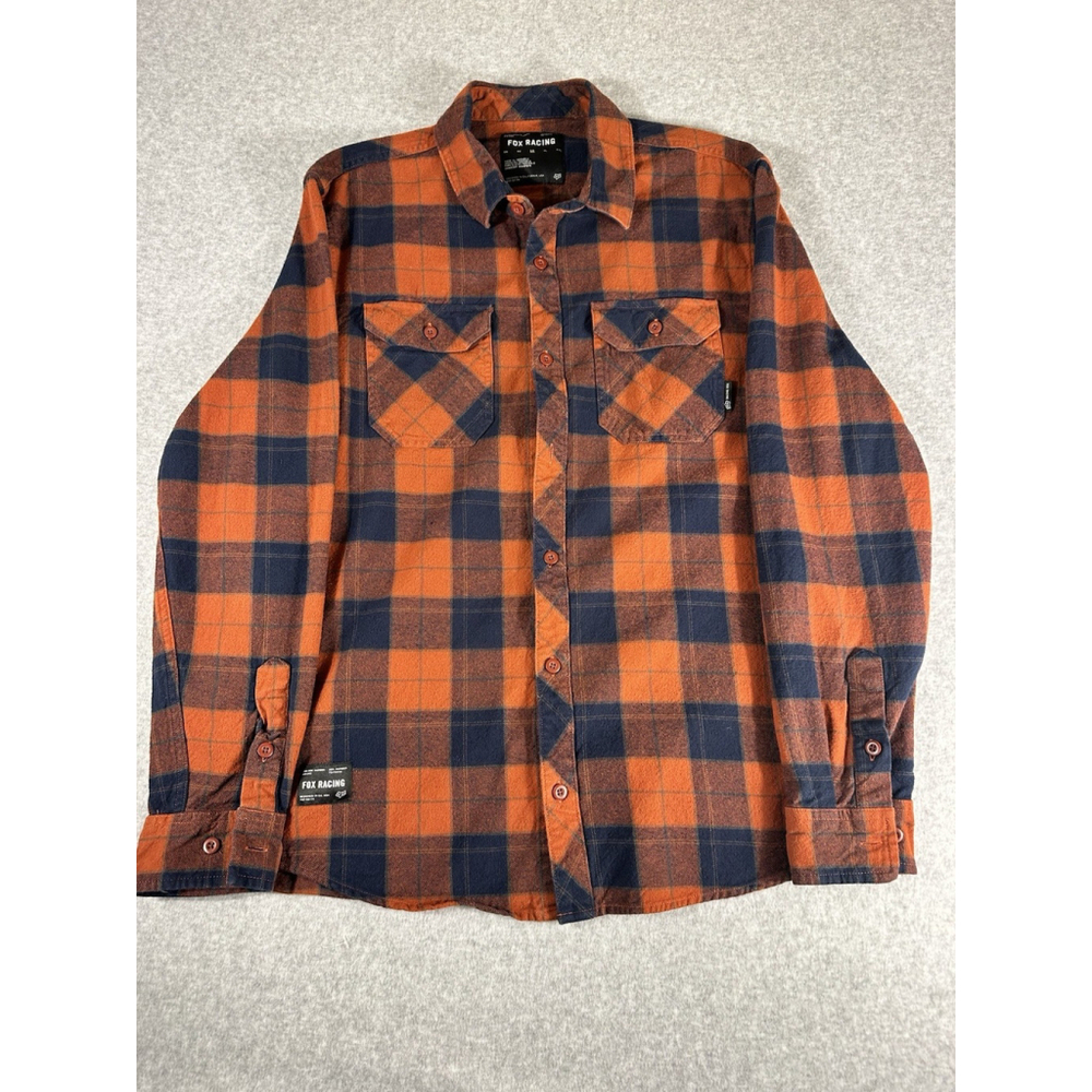 Fox Racing Flannel Shirt Orange Navy Plaid Button Up Mens Large